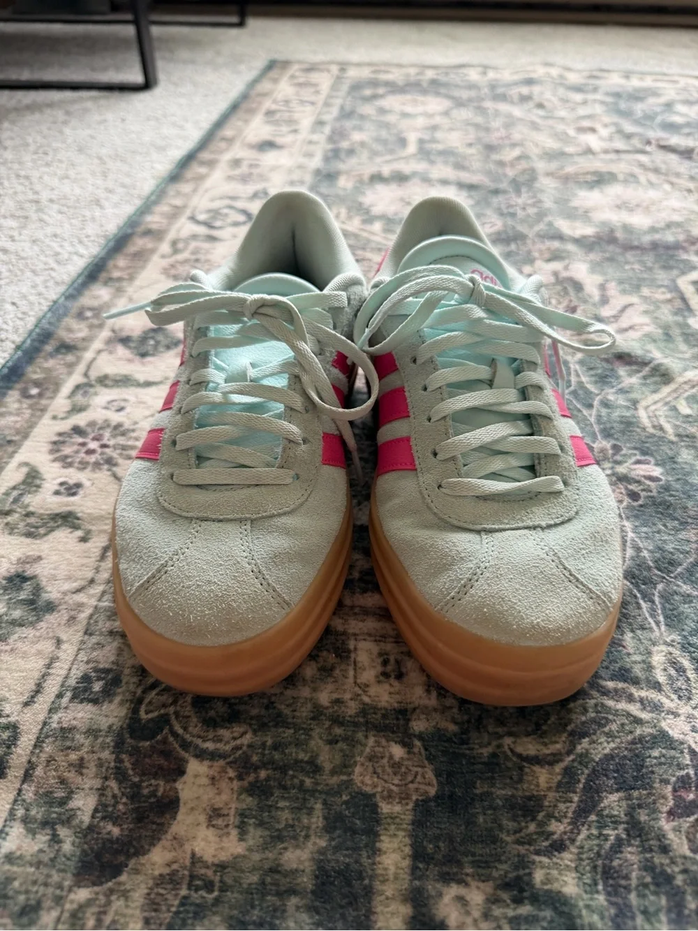 adidas Mint Green Suede Sneakers with Pink Stripes
